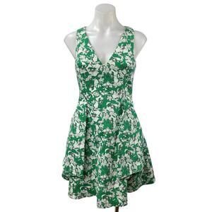 Zara Green Floral Print V-Neck Zip Sleeveless A-Line Fit & Flare Mini Dress Sz S